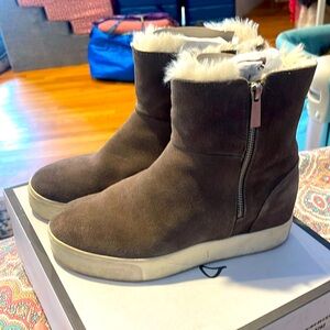 JSlides taupe suede Wallace shearling lined zip up ankle boots with white soul